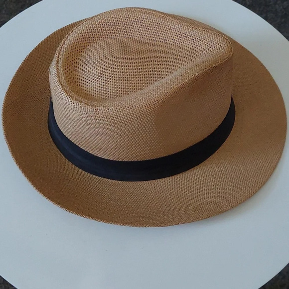Woven paper Fedora hat Unisex tan Black accent O/S - Picture 3 of 5